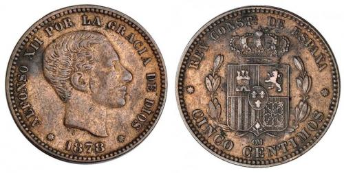 2593 - ALFONSO XII. 5 céntimos. 1878. Barcelona. OM. VII-43. R.B.O. MBC+/MBC.