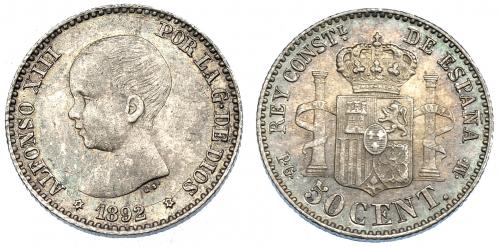 2595 - ALFONSO XIII. 50 céntimos. 1892*9-2. Madrid. PGM. VII-141. Ligera pátina. EBC.