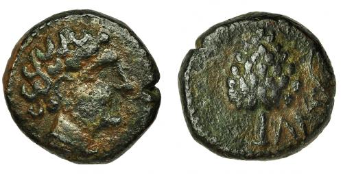 2060 - HISPANIA ANTIGUA. OLONTIGI. Mitad. A/ Cabeza masculina a der. R/ Piña a der., debajo l'nt- AE 7,6 g. 19,1 mm. I-1878. ACIP-854. BC+. Muy escasa.