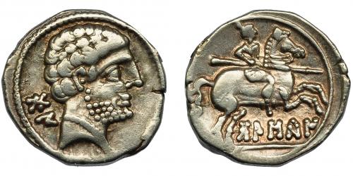 2061 - HISPANIA ANTIGUA. BOSLKAN. Denario. A/ Cabeza masculina barbada a der., detrás BoN. R/ Jinete lancero a der., debajo BoLSKaN. AR 4,21 g. 17,4 mm. I-1911. ACIP-1417. MBC/MBC+.