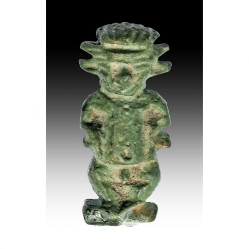 2653   -  EGIPTO. Baja Época. Figura de pateco en ambas caras (664-332 a.C.). Fayenza. Altura 3,4 cm. Incluye peana