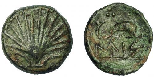 2072 - HISPANIA ANTIGUA. ARSE-SAGUNTUM. Cuarto. A/ Venera. R/ Delfín a der., encima 3 glóbulos, debajo ley. ibérica AIBaS sobre línea. AE 1,5 g. 16,1 mm. I-2051. ACIP-1998. Pátina verde. MBC. Escasa.