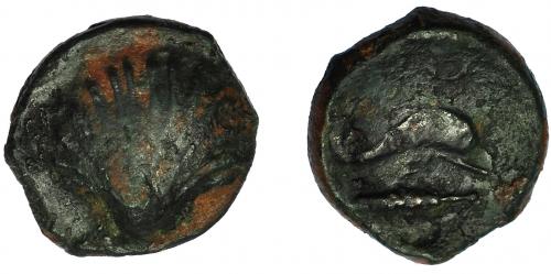 2073 - HISPANIA ANTIGUA. ARSE-SAGUNTUM. Sexto. A/ Venera. R/ Delfín a der., debajo clava, encima creciente. AE 1,5 g. 11,7 mm. I-no. ACIP-1981. BC+/MBC-. Rara.