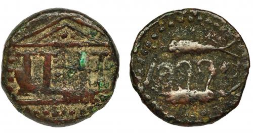 2008 - HISPANIA ANTIGUA. ABDERA. Unidad. A/ Templo tetrástilo. R/ Dos atunes, en medio ley. fenicia 'bdrt. AE 8,8 g. 25,1 mm. CNH-1. I-10. ACIP-874. BC+. Escasa.