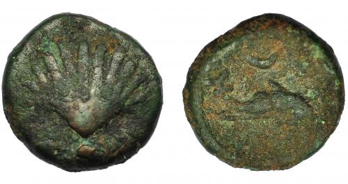 2081 - HISPANIA ANTIGUA. ARSE-SAGUNTUM. Sexto. A/ Venera. R/ Delfín plano a der., encima creciente. AE 1,6 g. 11,4 mm. I-2065 vte. ACIP-1978 vte. BC+. Muy rara.