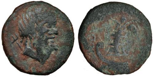 2082 - HISPANIA ANTIGUA. ARSE-SAGUNTUM. As. A/ Cabeza de Neptuno a der., detrás tridente. R/ Victoria sobre proa a izq. con corona y palma; ley. griega (SAG) PO(L). 8,5 g. 30,6 mm. RPC-485. I-1207. APRH-485. ACIP-2027. BC. Muy rara.
