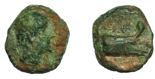 2083 - HISPANIA ANTIGUA. ARSE-SAGUNTUM. ¿Sexto? A/ Cabeza masculina a der. R/ Proa a der. AE 0,7 g. 8,5 mm. I-2074A. ACIP-no. BC+/MBC-. Pátina verde. Muy rara.