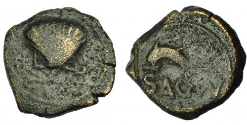 2085 - HISPANIA ANTIGUA. ARSE-SAGUNTUM. Cuadrante. A/ Venera con adornos. R/ Delfín a izq., debajo SAGVNT. AE 3,7 g. 17,8 mm. I-2089. ACIP-2010. BC/BC+. Rara.