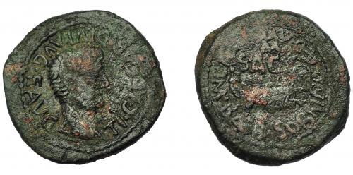 2086 - HISPANIA ANTIGUA. ARSE-SAGUNTUM. Tiberio. Semis. R/ Nave, encima SAG, alrededor L AED M(AXIMO) M BAEB SOBRINO AED. AE 6,2 g. 24 mm. RPC-204. I-2092. APRH-204c. ACIP-3239b. Pátina verde rugosa. BC+. Rara.