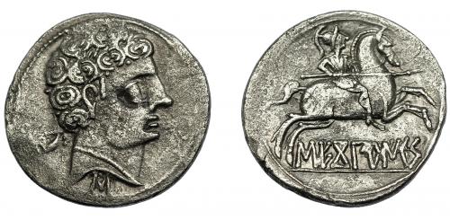 2087 - HISPANIA ANTIGUA. SEKOBIRIKES. Denario. A/ Cabeza masculina a der., creciente, signo ibérico S y punto en la nuca. R/ Jinete con lanza a der. con un pie visible; SEKoBiRIKeS. AR 3,6 g. 20,4 mm. I-2169. ACIP-1870. Porosidades. MBC.