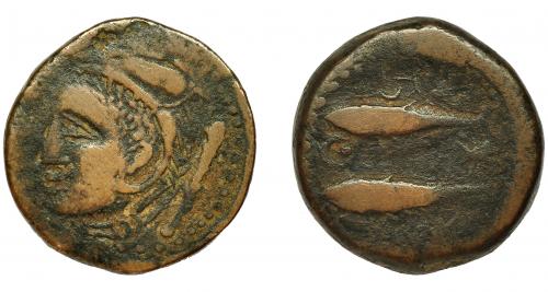 2089 - HISPANIA ANTIGUA. SEKS. Unidad. R/ Dos atunes a izq. con creciente interno con punto central y estrella a la der. AE 16,6 g. 28 mm. I-2225. ACIP-813.BC+.