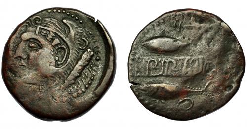 2090 - HISPANIA ANTIGUA. SEKS. Unidad. A/ Cabeza de Melkart a izq. R/ Dos atunes a izq., en medio en cartela mp'l sks, encima letra aleph, debajo creciente. AE 8,7 g. 25,6 mm. I-2229. ACIP-820. Vanos. MBC/MBC-. Muy escasa.