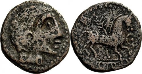 2094 - HISPANIA ANTIGUA. SISAPO. Unidad. A/ Cabeza masculina a der. R/ Caballo a der., por detrás palma, en la grupa pájaro, delante yod, debajo yrs'n. I-2851. AE 7,42 g. 23,9 mm. ACIP-901. Erosiones. BC+. Ex HSA 21709.
