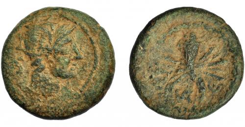 2096   -  HISPANIA ANTIGUA. VALENTIA. Semis. A/ Cabeza de Roma, detrás S. R/ Cornucopia sobre haz de rayos, a los lados VA-L. AE 9,0 g. 24,4 mm. I-2513. ACIP-2050, Pátina verde terrosa. BC/RC. Rara.