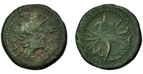 2097 - HISPANIA ANTIGUA. VALENTIA. Semis. A/ Cabeza de Roma, detrás S, delante T ATI R TA. R/ Cornucopia sobre haz de rayos, a izq. VAL. AE 5,9 g. 22,5 mm. I-2514. ACIP-2055. Pátina verde. Vanos. BC-. Muy escasa.