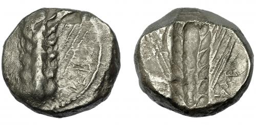 2099 - GRECIA ANTIGUA. LUCANIA. Metaponto. Nomos (470-440 a.C.). A/ Espiga, a der. restos de ley. META poco visibles. R/ Espiga incusa. AR 7,7 g. 16,5 mm. SBG-235 vte. MBC-.