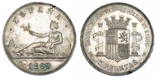 GOBIERNO PROVISIONAL. 5 pesetas. 1869 *18-69. Números en la