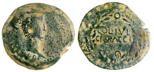 15 - ACCI. Dupondio. Calígula. A/ Cabeza a der.; (C CAESAR AVG GERMANIC)VS PP. R/ Corona cívica rodeando COL IVL/ GEM ACCI. AE 32,59 g. 38 mm. RPC-141. APRH-141. ACIP-3009. CC-4353, mismo ejemplar. Pátina verde. BC. Rara.