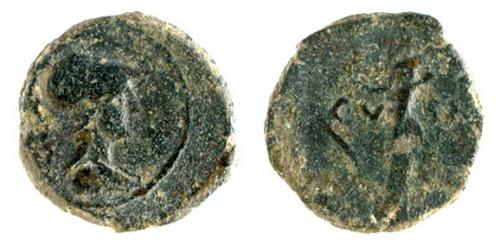 24 - CARTHAGO NOVA. Semis (mediados-finales s. I a.C.). A/ Cabeza de Minerva a der. R/ Estatua a der. sobre pedestal; CV-IN. AE 7,21 g. 23 mm. RPC-151. APRH-151. ACIP-2531. CC-4366, mismo ejemplar. BC/BC-.