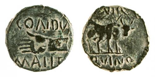 31 - CARTHAGO NOVA. Semis. Augusto. A/ Mano a izq.; CONDVC/MALLE(OL). R/ Toro a der.; (II) VIR/ QVINQ. AE 6,00 g. 21 mm. RPC-158. APRH-158a. ACIP-2539. CC-4374, mismo ejemplar. Pátina verde. MBC/MBC-. Escasa.