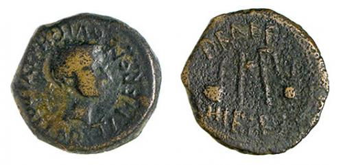 40 - CARTHAGO NOVA. Semis. ¿Augusto? A/ Cabeza de ¿Tiberio? a der. TI NERONE QVIC C HELVI (POLL PR). R/ Instrumentos sacerdotales; PRAEF/ HIBERO. AE 5,22 g. 20 mm. RPC-166. APRH-166. ACIP-3136. CC-4387, mismo ejemplar. Pátina oscura. BC+. Escasa.