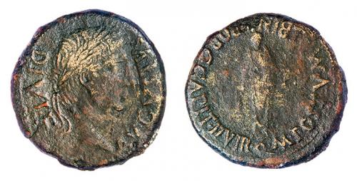 45 - CARTHAGO NOVA. As. Augusto. A/ Cabeza laureada a der.; AVGVSTVS DIVI F. R/ Sacerdote con rama y símpulo; M POSTVM ALBIN L PORC CAPIT II VIR Q. AE 13,53 g. 28 mm. RPC-170. APRH-170. ACIP-3140. CC-4394, mismo ejemplar. BC.