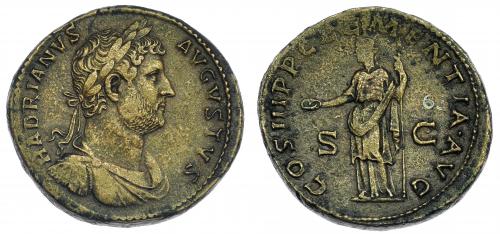 529 - IMPERIO ROMANO. ADRIANO. Sestercio. Roma (129-130). A/ Busto laureado, drapeado y con coraza a der.; HADRIANVS AVGVSTVS. R/ Clementia a izq. con pátera y cetro; CLEMENTIA AVG COS III P P, S-C. AE 27,26 g. 33,9 mm. RIC-1179. Acuñación floja en rev. MBC+.