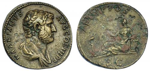 530 - IMPERIO ROMANO. ADRIANO. Sestercio. Roma (134-138). A/ Busto laureado y drapeado a der.; HADRIANVS AVG COS III P P. R/ Aegyptos reclinada sobre cesta a izq. con sistro, delante ibis sobre columna; AEGYPTOS, exergo S C. AE 25,80 g. 32,9 mm. RIC-1594. Erosiones y concreciones. MBC+/MBC-. Muy escasa.