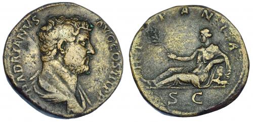 531 - IMPERIO ROMANO. ADRIANO. Sestercio. Roma (130-133). A/ Busto drapeado a der.; HADRIANVS AVG COS III P P. R/ Hispania reclinada sobre roca a izq. con rama, y conejo a la der; HISPANIA, exergo S C. AE 27,98 g. 32,1 mm. RIC-1664. MBC-.