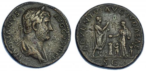 533 - IMPERIO ROMANO. ADRIANO. Sestercio. Roma (134-138). A/ Busto laureado y drapeado a der.; HADRIANVS AVG COS III P P. R/ Adriano a der. con pergamino, delante Judea a izq. con pátera y copa flanqueada por dos niños; entre ellos altar con becerro para el sacrificio; ADVENTVI AVG IVDAEAE, exergo SC. AE 27,83 g.32,5 mm. RIC-1768. MBC/MBC-. Muy rara.