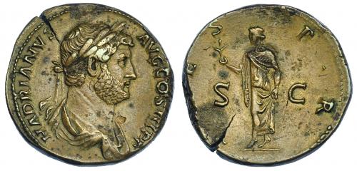 536 - IMPERIO ROMANO. ADRIANO. Sestercio. Roma (134-138). A/ Busto laureado y drapeado a der.; HADRIANVS AVG COS III P P. R/ Spes a izq. con flor y sujetándose el vestido; SPES PR, SC. AE 27,18 g. 31,2 mm. RIC-2431. Gráfila y hojita MBC+/MBC.