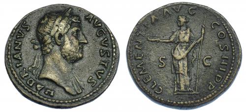 538 - IMPERIO ROMANO. ADRIANO. As. Roma (132-134). A/ Busto laureado a der. con manto sobre el hombro izq., HADRIANVS AVGVSTVS. R/ Clementia a izq. con pátera y cetro; CLEMENTIA AVG COS III P P, S-C. AE 15,05 g. 27,5 mm. RIC-1189. MBC. Ex col. Carreras? (1923). Conserva tejuelo antiguo.