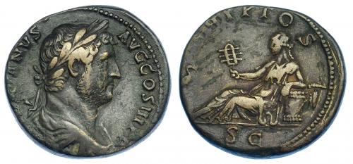 539 - IMPERIO ROMANO. ADRIANO. As. Roma (134-138). A/ Busto laureado y drapeado a der.; HADRIANVS AVG COS III P P. R/ Aegyptos reclinada sobre cesta a izq. con sistro, a sus pies ibis sobre columna; AEGYPTOS, exergo SC. AE 12,02 g. 26 mm. RIC-1603. Anv. ligeramente descentrado. Pequeñas marcas. MBC.