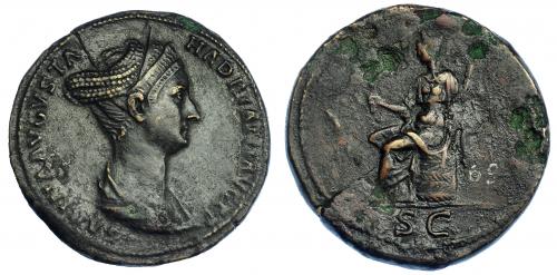 543 - IMPERIO ROMANO. SABINA. Sestercio. Roma (128-136). A/ Busto drapeado a der. con triple tiara; SABINA AVGVSTA HADRIANI AVG P P. R/ Ceres sentada sobre cesta a izq. con espigas y antorcha; exergo SC. AE 27,36 g. 33,7 mm. RIC-2493. Finas grietas. Erosiones en rev. MBC+/MBC-.