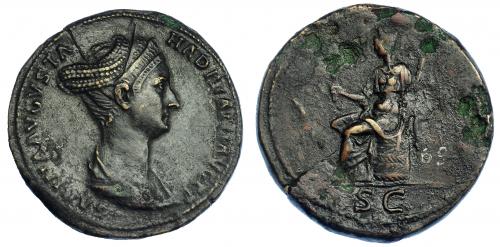 543   -  IMPERIO ROMANO. SABINA. Sestercio. Roma (128-136). A/ Busto drapeado a der. con triple tiara; SABINA AVGVSTA HADRIANI AVG P P. R/ Ceres sentada sobre cesta a izq. con espigas y antorcha; exergo SC. AE 27,36 g. 33,7 mm. RIC-2493. Finas grietas. Erosiones en rev. MBC+/MBC-. 