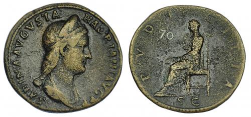544 - IMPERIO ROMANO. SABINA. Sestercio. Roma (130-133). A/ Busto diademado y drapeado a der.; SABINA AVGVSTA HADRIANI AVG P P. R/ Pudicitia sentada a izq.; PVDICITIA, exergo SC. AE 27,84 g. 32,6 mm. RIC-2531. MBC/MBC-.