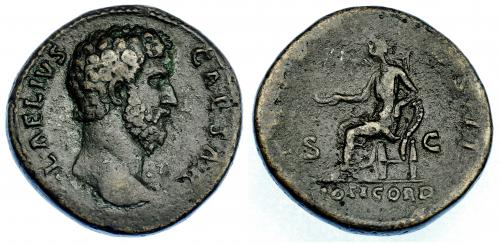 548 - IMPERIO ROMANO. AELIO. Sestercio. Roma (137). A/ Cabeza a der.; L AELIVS CAESAR. R/ Concordia sentada a izq. con pátera y apoyada en cornucopia; TR POT COS II SC, exergo CONCORD. AE 22,10 g. 31,6 mm. RIC-2650. Pátina oscura rugosa. MBC/MBC-.