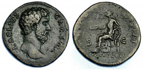 548   -  IMPERIO ROMANO. AELIO. Sestercio. Roma (137). A/ Cabeza a der.; L AELIVS CAESAR. R/ Concordia sentada a izq. con pátera y apoyada en cornucopia; TR POT COS II SC, exergo CONCORD. AE 22,10 g. 31,6 mm. RIC-2650. Pátina oscura rugosa. MBC/MBC-.