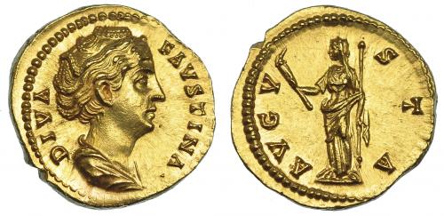552 - IMPERIO ROMANO. FAUSTINA LA MAYOR. Áureo. Roma (150). A/ Busto drapeado a der.; DIVA FAVSTINA. R/ Ceres a izq. con antorcha y cetro; AVGVSTA. AU 7,24 g. 19,8 mm. RIC-357a. SC.