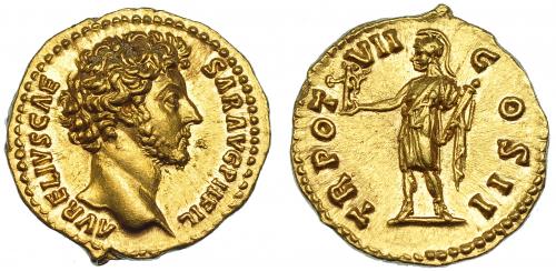554 - IMPERIO ROMANO. MARCO AURELIO (bajo Antonino Pío). Áureo. Roma (154-155). A/ Cabeza a der.; AVRELIVS CAESAR AVG PII FIL. R/ Roma a izq. con Victoria y parazonium; TR POT VIII COS II. AU 7,25 g. 20,1 mm. RIC-457. EBC+.