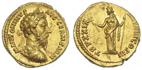 556 - IMPERIO ROMANO. MARCO AURELIO. Áureo. Roma (175). A/ Busto laureado, drapeado y con coraza a der.; M ANTONINVS AVG GERM SARM. R/ Felicitas a izq. con caduceo y cetro; TR P XXIX IMP VIII COS III. AU 7,29 G. 19,8 mm. RIC-332. Rara vte. de busto. EBC. Ex Künker 216, 2012.