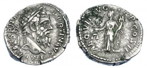 557 - IMPERIO ROMANO. PÉRTINAX. Denario. Roma (193). A/ Cabeza laureada a der.; IMP CAES P HELV PERTIN AVG. R/ Aequitas a izq. con balanza y cornucopia; AEQVIT AVG TR P COS II. AR 3,35 g. 18,6 mm. RIC-1a. Oxidaciones en rev. MBC. Rara.