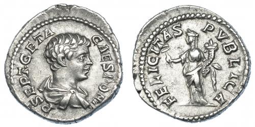 559 - IMPERIO ROMANO. GETA. Denario. Roma (200-202). R/ Felicitas a izq. con caduceo y cornucopia; FELICITAS PVBLICA. AR 3,95 g. 18,8 mm. RIC-9A. MBC+.