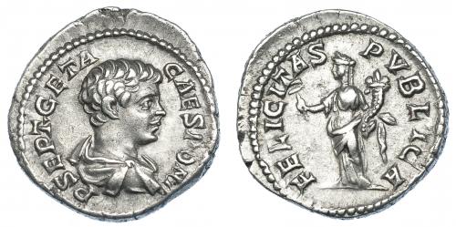 559   -  IMPERIO ROMANO. GETA. Denario. Roma (200-202). R/ Felicitas a izq. con caduceo y cornucopia; FELICITAS PVBLICA. AR 3,95 g. 18,8 mm. RIC-9A. MBC+.