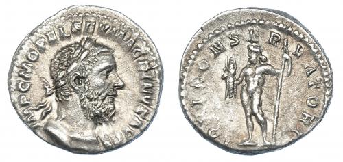 561   -  IMPERIO ROMANO. MACRINO. Denario. Roma (217-218). R/ Júpiter a izq. con cetro y rayos; IOVI CONSERVATORI. AR 3,01 g. 18,8 mm. RIC-73b. EBC-/MBC+. 