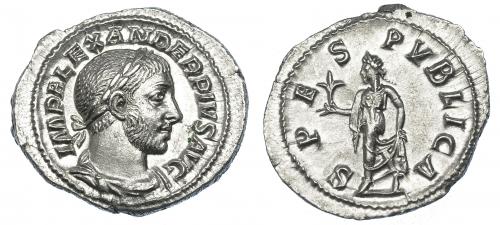 563 - IMPERIO ROMANO. ALEJANDRO SEVERO. Denario. Roma (231-235). R/ Spes a izq. con flor recogiéndose el vestido; SPES PVBLICA. AR 2,89 g. 21,3 mm. RIC-254d. EBC+.