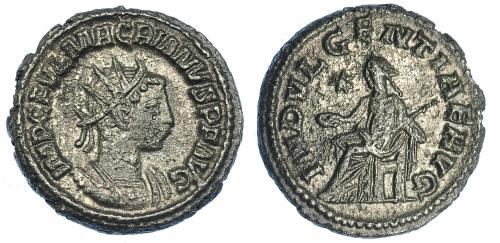 568 - IMPERIO ROMANO. MACRIANO. Antoniniano. Antioquía (260-261). R/ Indulgentia sentada a izq. con pátera y cetro, en campo estrella; INDVLGENTIA AVG. VE 4,62 g. 19,9 mm. RIC-8. Porosidades. MBC. Rara.