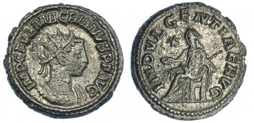 568   -  IMPERIO ROMANO. MACRIANO. Antoniniano. Antioquía (260-261). R/ Indulgentia sentada a izq. con pátera y cetro, en campo estrella; INDVLGENTIA AVG. VE 4,62 g. 19,9 mm. RIC-8. Porosidades. MBC. Rara.