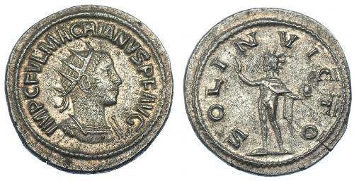 569   -  IMPERIO ROMANO. MACRIANO. Antoniniano. Antioquía (260-261). A/ Busto radiado a der., drapeado y con coraza; IMP C FVL MACRIANVS P F AVG. R/ Sol a izq. con globo; SOL INVICTO. VE 3,90 g. 22,8 mm. Fina grieta. MBC+. RIC-12. Rara.