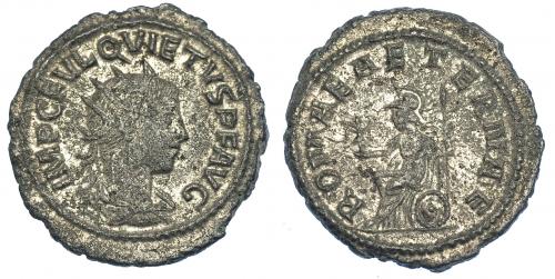 570 - IMPERIO ROMANO. QUIETO. Antoniniano. Antioquía (261-262). R/ Roma sentada sobre escudo a izq. con lanza y Victoria con corona; ROMAE AETERNAE. VE-4,21 g. 22,4 mm. RIC-9. Porosidades. MBC. Escasa.